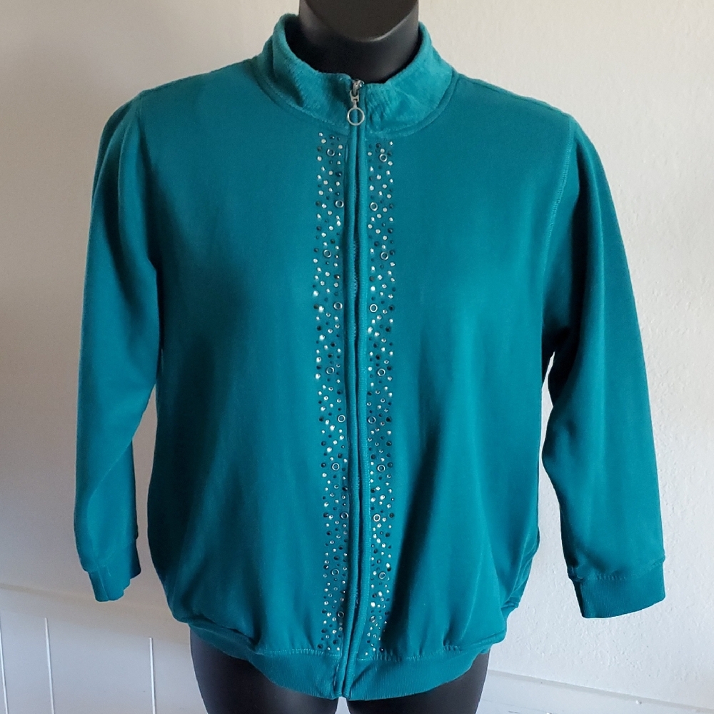 Alfred Dunner Turquoise Embellished Zip Up Sweater 18W